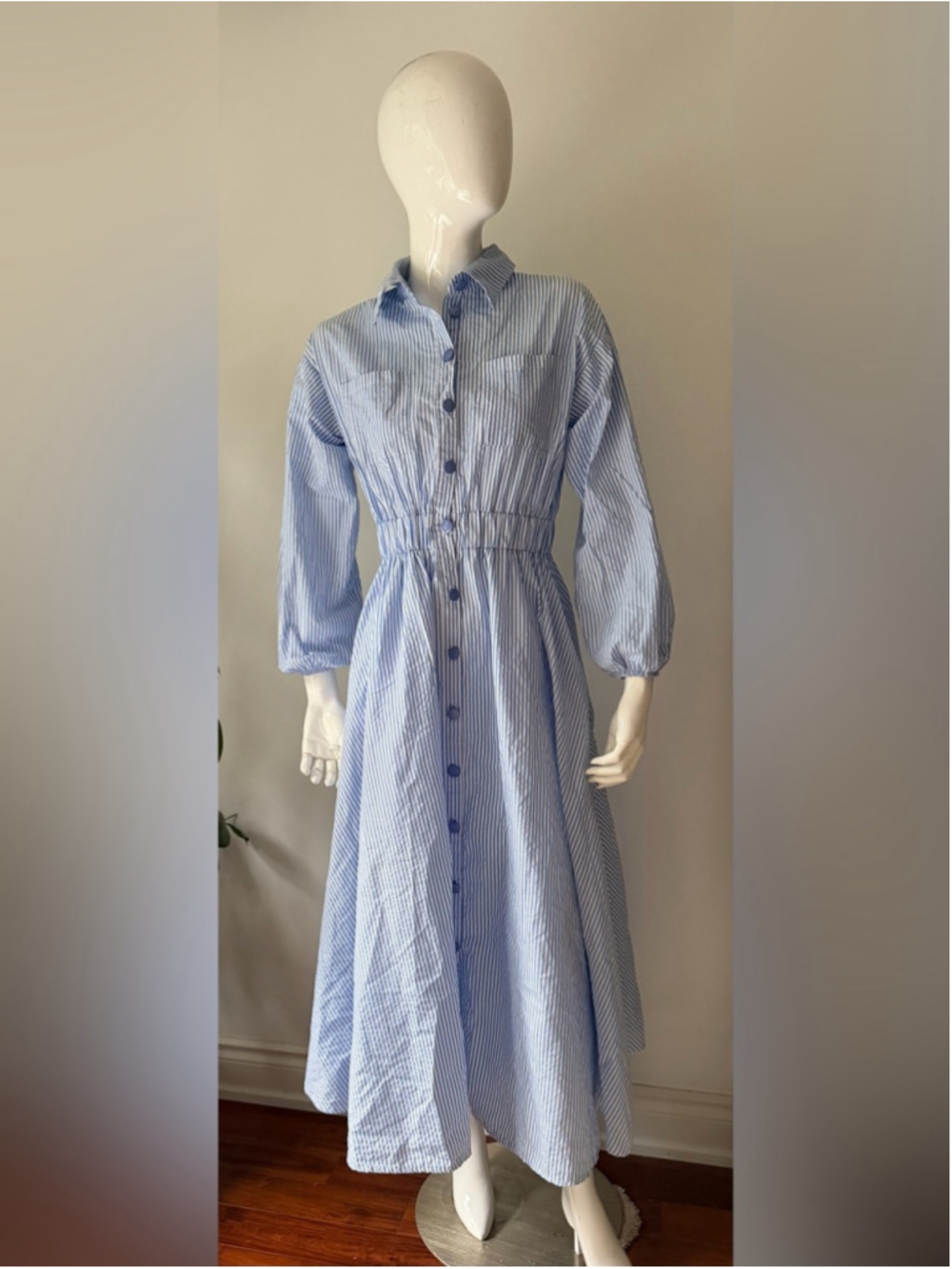 Blue White Striped Button Front Maxi Shirt Dress Elastic Waist - Picture 9 of 9